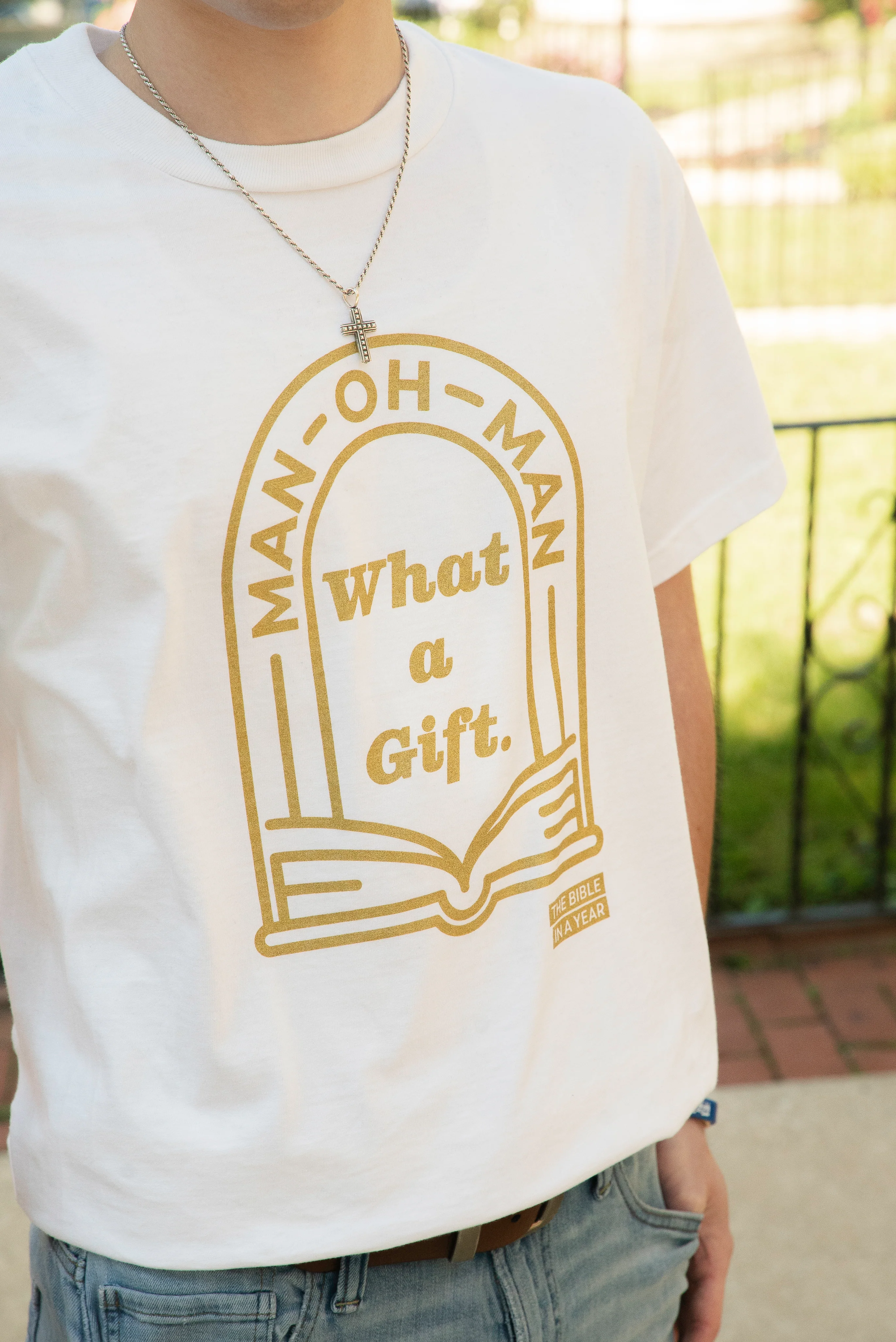 "Man Oh Man" / Bible in a Year Crew T-Shirt - Image 4